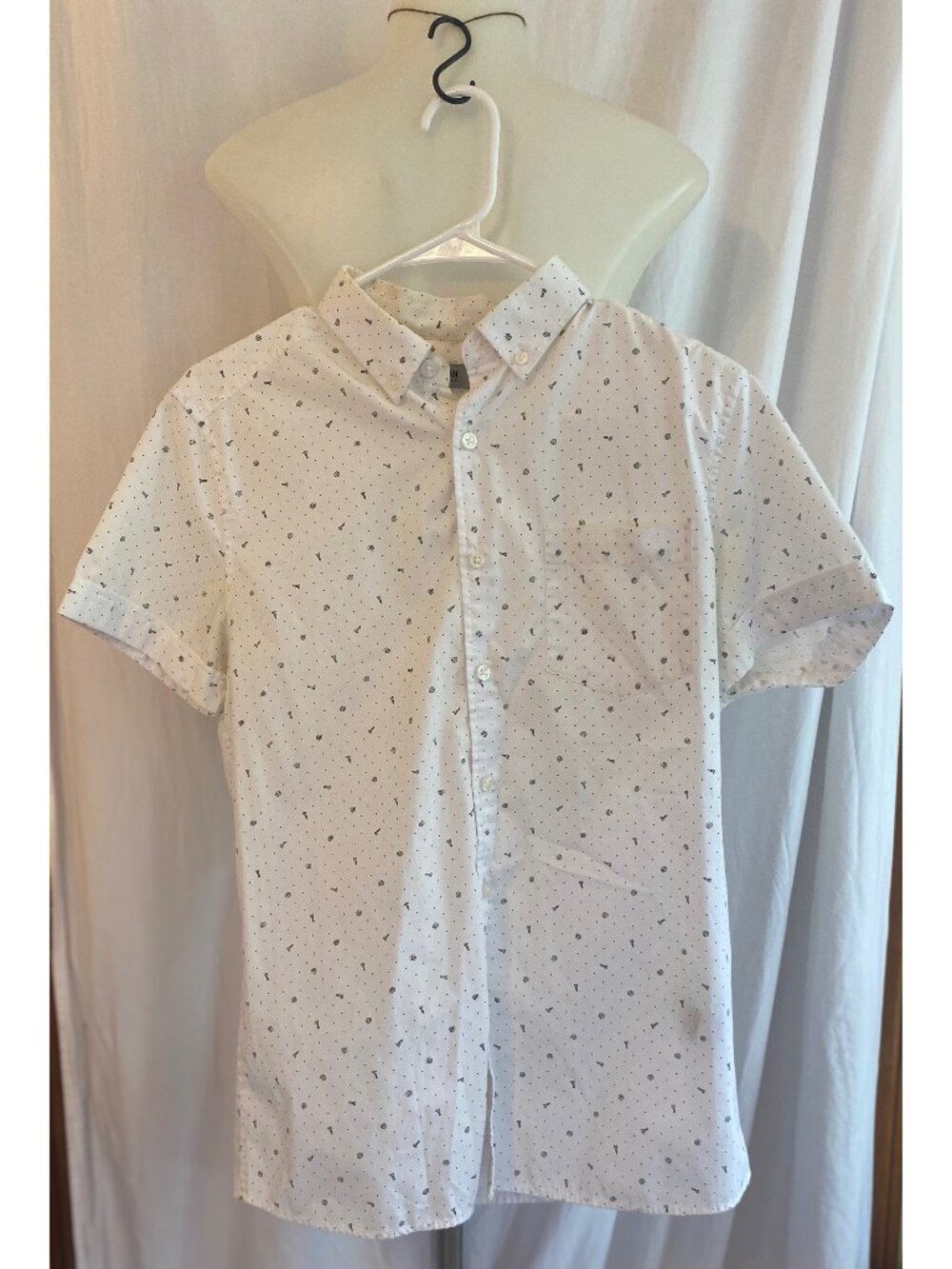 Kenneth Cole Reaction White And Navy Men's Short Sleeve Button Down Shirt S